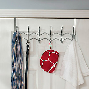 Hang and store towels, coats, clothing, and other house hold items with this contemporary styled hanging rack. This rack features 6 curved hooks atop a chevron designed frame that spruces up any interior space with its bold modern look. Perfect for storing leashes, coats, belts/accessories, towels and more. Conveniently hangs on most interior doors with its sturdy metal bracket made from heavy duty chrome.Made of chrome-plated steel | Attaches to an interior door to create instant storage space in your bedroom or bathroom | Easy to assemble with no mounting hardware required | 0