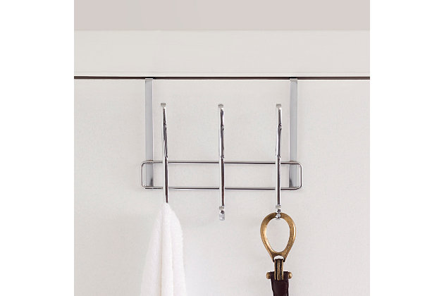 Your saving grace to a disorderly room, this Over-the-Door Chrome Plated Steel Hanging Rack keeps your clothes and belongings off the floors and sofa and neatly organized for easy access. Each hook is properly sized and shaped to accommodate any type of hanging arrangement.  The frame fits over an interior size door measuring approximately 1.75 inches thick.   Whether you're looking to hang your hooded sweatshirt by the hood or your hand bags by its straps this Over-the-Door organizer with its snag-free hooks will gently keep them all in place. Great for the entryway, foyer, and the bathroom.3 hooks span vertically across | Soft sculpted hooks are designed to gently grasp your clothing without snagging | Great for any room in the house | Made of durable, chrome plated steel