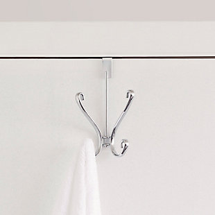 There's no need to grab your power drill to instantly add additional storage space for your wardrobe! Simply attach this contemporary metal double hook to your bedroom or bathroom door and enjoy having everything from that fluffy spa robe, cozy coat, bath towel, and tomorrow's outfit within reach. The hook fits snugly over most standard doors and securely keeps clothing in place, freeing your floors from unsightly clutter.  Great for the entryway, bedroom, and bathroom.2 double hooks | Soft sculpted hooks are designed to gently grasp your clothing without snagging | Great for any room in the house | Made of rust-proof steel