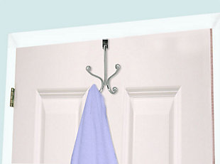 There's no need to grab your power drill to instantly add additional storage space for your wardrobe! Simply attach this contemporary metal double hook to your bedroom or bathroom door and enjoy having everything from that fluffy spa robe, cozy coat, bath towel, and tomorrow's outfit within reach. The hook fits snugly over most standard doors and securely keeps clothing in place, freeing your floors from unsightly clutter.  Great for the entryway, bedroom, and bathroom.2 double hooks | Soft sculpted hooks are designed to gently grasp your clothing without snagging | Great for any room in the house | Made of rust-proof steel