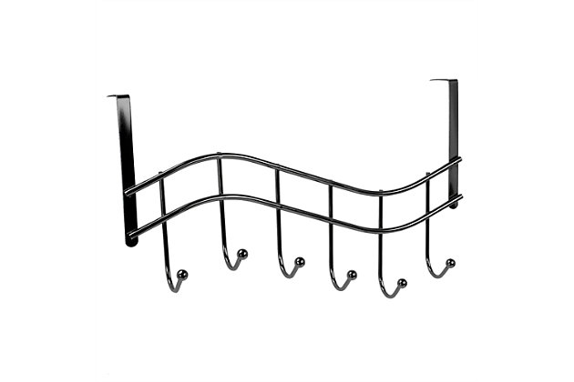 Featuring a sleek, wavy shaped frame, this rack offers six long hooks to allow everyone in your family to reach their items with ease. The hooks are equipped with non-slip rounded ends that provide a gentle yet firm grasp on all your clothes and belongings.  Perfect for staging your outfits for the workweek, or providing a temporary drop zone for the clothes that you tried on but didn’t have time to put back in the closet.6 hooks span vertically across | Soft sculpted hooks are designed to gently grasp your clothing without snagging | Great for any room in the house | Made of rust-proof steel