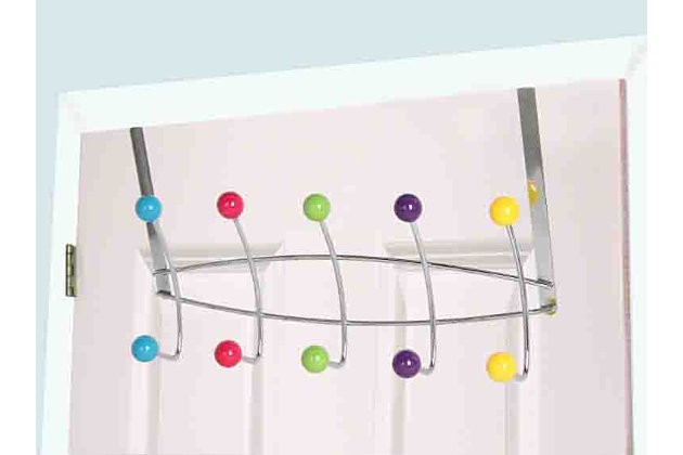 From the worn out clothes that you're not ready to toss in the wash to the your guest's coats that seem to pile up over your sofa, this Over-the-Door hanging rack keeps the clutter down and everything right at your finger tips.  Featuring a colorful and convenient 5 dual hook system, it requires no drilling or tools to install! Simply slip it over an interior door up to 1.75 inches thick for instant storage. Each spherical knob offers a gentle yet firm grasp and is just the right size where it's safe to drape your delicates or other items you may fear might snag or get damaged.  Perfect for the entryway, bathroom door, and more.5 hooks span vertically across with additional knobs situated above for even more storage | Soft sculpted hooks are designed to gently grasp your clothing without snagging | Great for any room in the house | Made of durable, chrome plated steel