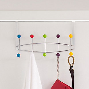 From the worn out clothes that you're not ready to toss in the wash to the your guest's coats that seem to pile up over your sofa, this Over-the-Door hanging rack keeps the clutter down and everything right at your finger tips.  Featuring a colorful and convenient 5 dual hook system, it requires no drilling or tools to install! Simply slip it over an interior door up to 1.75 inches thick for instant storage. Each spherical knob offers a gentle yet firm grasp and is just the right size where it's safe to drape your delicates or other items you may fear might snag or get damaged.  Perfect for the entryway, bathroom door, and more.5 hooks span vertically across with additional knobs situated above for even more storage | Soft sculpted hooks are designed to gently grasp your clothing without snagging | Great for any room in the house | Made of durable, chrome plated steel