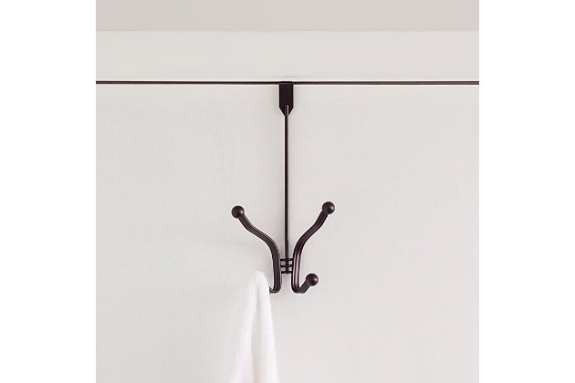 There's no need to grab your power drill to instantly add additional storage space for your wardrobe! Simply attach this contemporary metal double hook to your bedroom or bathroom door and enjoy having everything from that fluffy spa robe, cozy coat, bath towel, and tomorrow's outfit within reach. The hook fits snugly over most standard doors and securely keeps clothing in place, freeing your floors from unsightly clutter. Great for the entryway, bedroom, or bathroom.2 double hooks | Soft sculpted hooks are designed to gently grasp your clothing without snagging | Great for any room in the house | Made of rust-proof steel