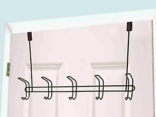Hang and store towels, coats, clothing, and other house hold items with this elegantly styled hanging rack.  Featuring 5 curved hooks atop a curved frame, it is perfect for storing leashes, coats, belts/accessories, towels and more. Conveniently hangs on most interior doors with its sturdy metal bracket.Made of steel | Attaches to an interior door to create instant storage space in your bedroom or bathroom | Easy to assemble with no mounting hardware required | 0