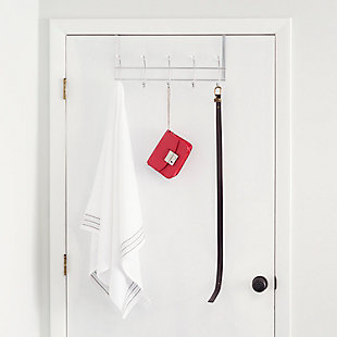 From those hefty winter jackets to that delicate collection of scarves, this 5 Hook Crystal Knob Over-the-Door hanging rack is perfect for clearing closet space and cutting out the clutter. No need to drill any holes nor do you need any hardware or tools to install. Simply slide this multi-purpose hanging rack Over-the-Door. The abstract and minimalist frame makes it a great statement piece for contemporary décor. Place it in the home office, entryway, foyer, laundry room, or bathroom to keep clothes within reach and off the floorAttaches to an interior door to create instant storage space in your bedroom or  bathroom | Stay in place non-slip faux crystal knobs gently grasps items in place | Easy to assemble with no mounting hardware required | Made of durable, chrome plated steel