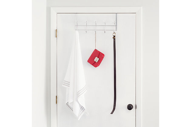 From those hefty winter jackets to that delicate collection of scarves, this 5 Hook Crystal Knob Over-the-Door hanging rack is perfect for clearing closet space and cutting out the clutter. No need to drill any holes nor do you need any hardware or tools to install. Simply slide this multi-purpose hanging rack Over-the-Door. The abstract and minimalist frame makes it a great statement piece for contemporary décor. Place it in the home office, entryway, foyer, laundry room, or bathroom to keep clothes within reach and off the floorAttaches to an interior door to create instant storage space in your bedroom or  bathroom | Stay in place non-slip faux crystal knobs gently grasps items in place | Easy to assemble with no mounting hardware required | Made of durable, chrome plated steel