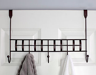 Perfect for entryways and bedrooms, this beautiful Over-the-Door organizer offers five J-shaped hooks that give you extra storage space in lieu of an obtrusive free-standing coat stand. Use this versatile wall mounting rack to provide a drop zone for your guest’s coats or your outfit for the week. Great for small spaces and high traffic areas both in the home and office. No assembly required, simply slip it on any interior door measuring 1.75” thick.Attaches to an interior door to create instant storage space in your bedroom or  bathroom | Non-slip bronzed finished steel knobs gently grasps items in place | Easy to assemble with no mounting hardware required | Made of bronzed coated steel with an oil-rubbed finish