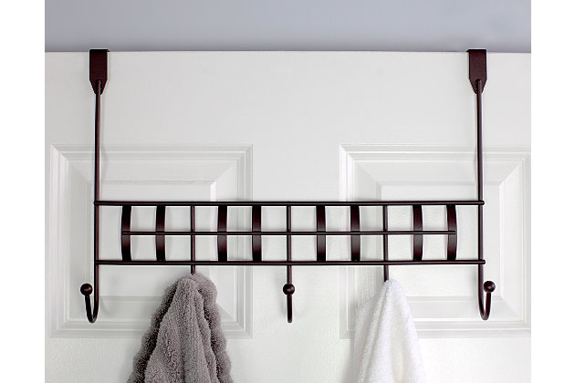 Perfect for entryways and bedrooms, this beautiful Over-the-Door organizer offers five J-shaped hooks that give you extra storage space in lieu of an obtrusive free-standing coat stand. Use this versatile wall mounting rack to provide a drop zone for your guest’s coats or your outfit for the week. Great for small spaces and high traffic areas both in the home and office. No assembly required, simply slip it on any interior door measuring 1.75” thick.Attaches to an interior door to create instant storage space in your bedroom or  bathroom | Non-slip bronzed finished steel knobs gently grasps items in place | Easy to assemble with no mounting hardware required | Made of bronzed coated steel with an oil-rubbed finish