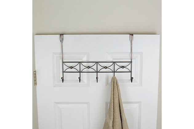 Welcome the Arbor Over-the-Door Hanging Rack to keep your collection of scarves, purses, jeans, shirts, skirts, and bags in plain view and neatly arranged  for the next day. Closet all stuffed?  Place in the entryway as extra coat storage for you or your guests’ jackets. With a warm oil bronze finish and geometric style frame, add a flair of industrial chic to any space while keeping entryways free of clutter. This 5 hook organizer requires no tools to install, simply mount on a standard size interior door. On its own this elegant piece doubles as decorative wall art, making it a surefire to inspire sparkling conversation at your next get-together.Attaches to an interior door to create instant storage space in your bedroom or  bathroom | Non-slip bronzed finished steel knobs gently grasps items in place | Easy to assemble with no mounting hardware required | Made of bronzed coated steel with an oil-rubbed finish