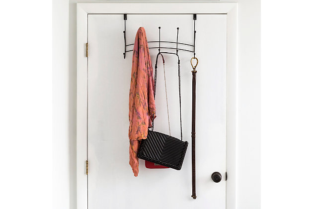 The perfect addition to any room, the Shelby 5 Hook Over-the-Door Hanging Rack is the answer to all you organizational needs! With zero tools required to install simply slide it over an interior door to get instant storage space  You can use each of the five hooks to stage out an entire outfit. Place it in the entryway to  use  as a drop zone for your guest's coats.  Hang it over the bathroom door to keep your bath towels handy.   Fits most standard interior doors.Attaches to an interior door to maximize space | Soft sculpted hooks are designed to gently grasp your clothing without snagging | Great for any room in the house | Made of rust-proof steel