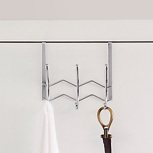 A handy hanging rack that requires zero drilling or hardware to install! Slip it Over-the-Door to conserve extra space for instant storage space whenever you need it.    Designed with dual hooks that are set on a  classic chic chevron styled frame, it's a stylish alternative to traditional hanging racks.  Great for the bedroom, bathroom, and foyer, use it to keep your clothes, bags, and jackets off the floor. The Over-the-Door organizing rack makes it quick to grab your essentials as you head out the door.  Fits over most doors measuring  1.75 inches thick.3 hooks span vertically across | Soft sculpted hooks are designed to gently grasp your clothing without snagging | Great for any room in the house | Made of rust-proof steel