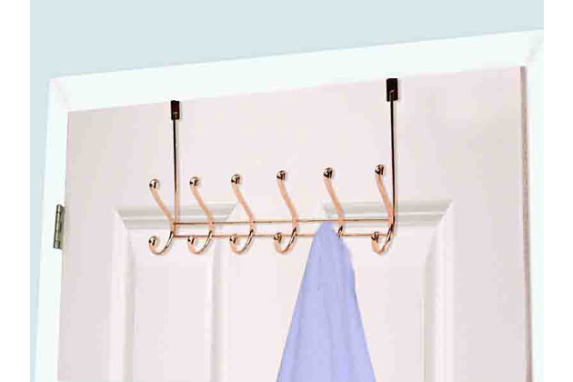 Tired of all the clutter in your house that always seems to be in the way? Introducing the 6 Hook Over-the-Door Hanging Rack, the perfect storage solution for any room! Hang and store towels, coats, clothing, and other house hold items with this classic hanging rack in the unique and beautiful rose gold finish. Features 6 hooks that are perfect for storing leashes, coats, belts/accessories, towels and more. Conveniently hangs on most interior doors with its sturdy metal bracket.Made of steel with an elegant rose gold finish | Attaches to an interior door to create instant storage space in your bedroom or bathroom | Easy to assemble with no mounting hardware required | 0