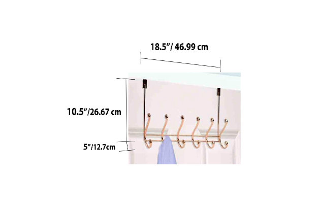 Tired of all the clutter in your house that always seems to be in the way? Introducing the 6 Hook Over-the-Door Hanging Rack, the perfect storage solution for any room! Hang and store towels, coats, clothing, and other house hold items with this classic hanging rack in the unique and beautiful rose gold finish. Features 6 hooks that are perfect for storing leashes, coats, belts/accessories, towels and more. Conveniently hangs on most interior doors with its sturdy metal bracket.Made of steel with an elegant rose gold finish | Attaches to an interior door to create instant storage space in your bedroom or bathroom | Easy to assemble with no mounting hardware required | 0