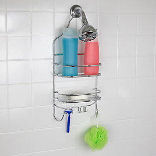 With a sleek, flat-wire construction and weighted steel design, this is perfect if you’re looking for a simply elegant shower caddy that takes up minimal room. With no tools required to install, you can enjoy having an organized bath right away. The shower caddy features a slip-resistant collar that grasps the shower head snugly with back suction cups that stick firmly to the back of the wall for an additional layer of stability. Your bath accessories remain dry and soap-scum free thanks to its open frame that allows for efficient draining. It is constructed out of steel wire with a modern chrome finish that will seamlessly coordinate with silver finished fixtures or chrome bath accessories. The shelves are flat and leveled with the top being deep enough to hold large shampoos and conditioners, while the bottom is more narrow to accommodate bar soap. Bottom hooks on the shower caddy allow you to hold razors, brushes, loofahs and bath poufs with ease.1 deep basket for bottles, shallow bottom shelf for smaller shower accessories, and bottom hooks for razors | Hangs over the shower head to maximize space | No tools required to install | Made of durable, chrome plated steel