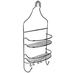 With a sleek, flat-wire construction and weighted steel design, this is perfect if you’re looking for a simply elegant shower caddy that takes up minimal room. With no tools required to install, you can enjoy having an organized bath right away. The shower caddy features a slip-resistant collar that grasps the shower head snugly with back suction cups that stick firmly to the back of the wall for an additional layer of stability. Your bath accessories remain dry and soap-scum free thanks to its open frame that allows for efficient draining. It is constructed out of steel wire with a modern chrome finish that will seamlessly coordinate with silver finished fixtures or chrome bath accessories. The shelves are flat and leveled with the top being deep enough to hold large shampoos and conditioners, while the bottom is more narrow to accommodate bar soap. Bottom hooks on the shower caddy allow you to hold razors, brushes, loofahs and bath poufs with ease.1 deep basket for bottles, shallow bottom shelf for smaller shower accessories, and bottom hooks for razors | Hangs over the shower head to maximize space | No tools required to install | Made of durable, chrome plated steel