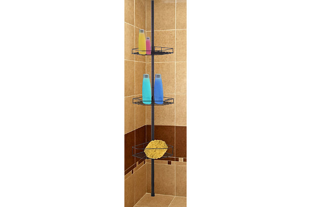 Everyone deserves to feel like royalty and now you can! Transform your bathroom into your own personal palace by crowning your shower with this luxurious 3 Tier Tension Rod Shower Caddy. With its rich bronze finish it evokes an aura of glamour to make each bath time a lavish experience- just like a luxury bathroom should be!  From your ultra soft loofa to your spa-inspired soaps, have everything right at your fingertips to pamper yourself for your daily shower routine. The shelves easily adjust to your desired height while its slim profile also tucks away neatly in the corner of the bathroom.3 shelves of varying sizes | Shelves adjust to desired height | Open wire design allows water to quickly and freely pass through | Made of bronze-coated steel