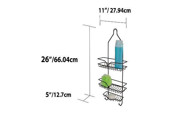 Beautify your bath with a warm inviting touch while having easy access to your shower essentials with this Classic 2 Shelf Shower Caddy. The solid steel frame keeps it steadily in place, while the rich bronze finish lends a classic look. The two shelves offer plenty of room to stash tall bottled shampoos and conditioners with room to spare for small shower gels and accessories. The self-draining soap dish is conveniently located in the middle to keep a bar of soap dry between washes and within your fingertips every time. Integrated hooks are positioned on the bottom of the caddy, to have multiple razors and loofahs within reach.2 wired basket and bottom hooks for razors | Hangs over the shower head to maximize space | Open wire design allows water to quickly and freely pass through | Made of bronze-coated steel