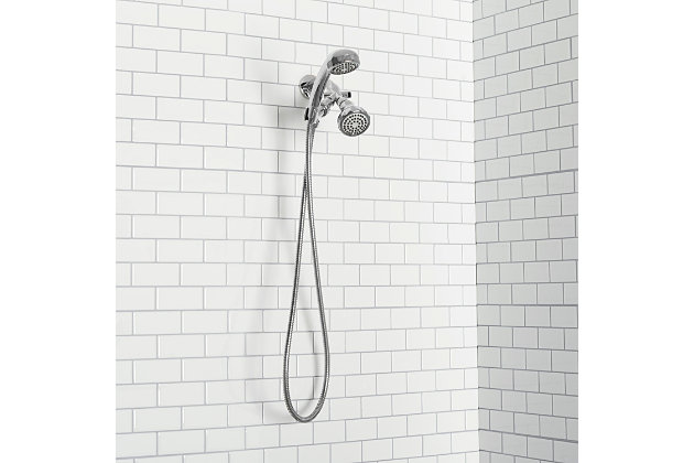 Treat yourself to a relaxing shower with this contemporary styled shower massager set. With two shower heads, you can use each shower head independently or together for a refreshing shower experience.  The convenient 5 ft long tangle free hose offers ample control when showering or cleaning. This highly efficient shower massager is equipped with an average 1.72  GPM flow rate, saving you money on your water bill, while still delivering a rejuvenating experience.2-way shower combo | High quality silicone rubber jet nozzles prevent mineral deposits from building up | Multi-function shower head releases a steady stream of water at an average 1.72 gpm less than the standard 2.5 gpm rate without sacrificing performance for the ultimate fixed, water-efficient shower head | Made of a corrosion-resistant steel housing with a high quality abs plastic interior