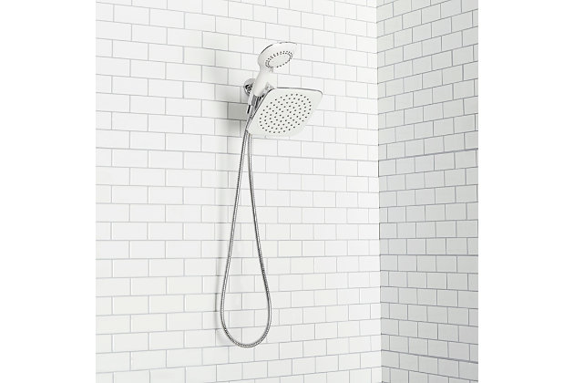 Shower in style and comfort with this Dual Shower Massager with Rainfall Head Set. Made from heavy duty chrome plated steel, this set has a standard fixed shower head and also a handheld massager for the ultimate shower experience. Includes plumbers tape to ensure a tighter seal and other hardware for installation.5 different shower patterns: shower, shower + spray, shower + pulse, pulse, and spray for optimal cleaning and relaxation | Minimalist silhouette outfits the bathroom with classic contemporary style | Wide diameter rainfall shower head with high performance nozzles offer a full coverage spray for a luxurious spa-like experience | Made of sleek, sturdy steel