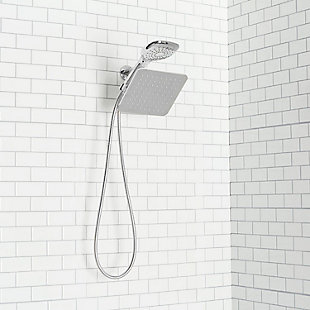 Enjoy a spa-like shower experience with this Dual Rainfall Chrome Plated Steel Shower Massager. Made of chrome plated steel, this contemporary rainfall showerhead features 81 nozzles that immerse you into a soothing downpour.  Switch between 5 different spray patterns: shower, spray, pulse, shower/spray, shower/pulse.  The convenient 3-way diverter mount evenly distributes water while the 5 ft long tangle free hose gives you control for the ultimate bathing, cleaning and showering experience.2-way shower combo | High quality silicone rubber jet nozzles that prevent mineral deposits from building up | 5 shower spray settings include: shower, shower + spray, shower + pulse, pulse | Made of a corrosion-resistant steel housing with a high quality abs plastic interior