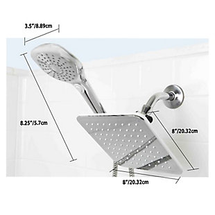 Enjoy a spa-like shower experience with this Dual Rainfall Chrome Plated Steel Shower Massager. Made of chrome plated steel, this contemporary rainfall showerhead features 81 nozzles that immerse you into a soothing downpour.  Switch between 5 different spray patterns: shower, spray, pulse, shower/spray, shower/pulse.  The convenient 3-way diverter mount evenly distributes water while the 5 ft long tangle free hose gives you control for the ultimate bathing, cleaning and showering experience.2-way shower combo | High quality silicone rubber jet nozzles that prevent mineral deposits from building up | 5 shower spray settings include: shower, shower + spray, shower + pulse, pulse | Made of a corrosion-resistant steel housing with a high quality abs plastic interior