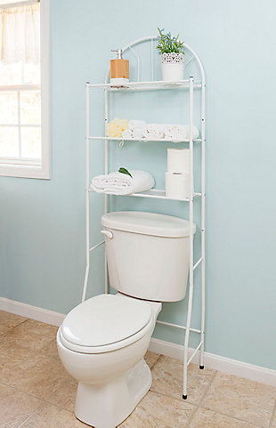 Make use of unused space with this 3 Shelf Bathroom Space Saver. Its slim profile conveniently positions over the toilet to hold bathroom and shower essentials while utilizing the unused vertical space in your bathroom. It features two shelves to hold everything from bath towels, folded linen, toilet paper and more. The enamel coated, rust resistant steel in a black finish effortlessly matches all your bathroom decor.Two shelves to neatly display decorative items and bath essentials | Fits over most standard toilet bowls | Made of sturdy steel with a white finish | Easy to assemble