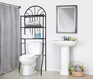 Take advantage of unused vertical space with this sleek, Two Shelf Bathroom Space Saver. It fits neatly over most standard toilets to maximize your space. With a simple finish, it provides the perfect complement to all your bathroom essentials while its two open shelves let you easily spot what you need. Use the shelves to display spare toilet paper rolls, bath towels, plants and more. With a slim and simple silhouette it adds a charming minimalistic flair to your humble abode.Two shelves to neatly display decorative items and bath essentials | Fits over most standard toilet bowls | Made of sturdy steel with a black finish | Easy to assemble