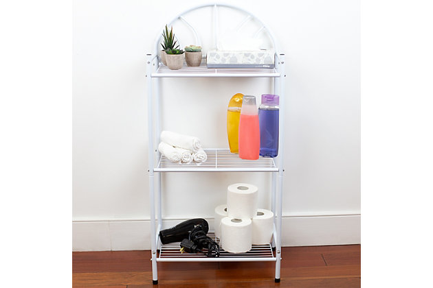 When bathroom, closet and counterspace is limited, look to this 3 Tier Enamel Coated Steel Multi-Purpose Bath Storage Shelf to lend stylish storage. Constructed of sturdy enamel-coated steel, it offers 3 open tiers to easily organize and declutter any room in the house or office. Use each versatile shelf to display everything from fresh plants to decorative collectives to up your style game in the office. Welcome in a spa-like feel by gracefully stacking your most soft and cozy folded  towels. Or keep it in the kitchen to have your most frequently used tools at the ready for the next recipe. The compact shape allows it to effortlessly display in the corner of the room to quickly spot everything at once.Each tier is open with a wire frame to allow air to circulate freely | Plastic end caps to prevent scratches on the floor | Made of durable, enamel coated steel | 0