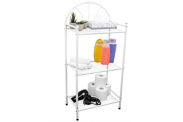 When bathroom, closet and counterspace is limited, look to this 3 Tier Enamel Coated Steel Multi-Purpose Bath Storage Shelf to lend stylish storage. Constructed of sturdy enamel-coated steel, it offers 3 open tiers to easily organize and declutter any room in the house or office. Use each versatile shelf to display everything from fresh plants to decorative collectives to up your style game in the office. Welcome in a spa-like feel by gracefully stacking your most soft and cozy folded  towels. Or keep it in the kitchen to have your most frequently used tools at the ready for the next recipe. The compact shape allows it to effortlessly display in the corner of the room to quickly spot everything at once.Each tier is open with a wire frame to allow air to circulate freely | Plastic end caps to prevent scratches on the floor | Made of durable, enamel coated steel | 0