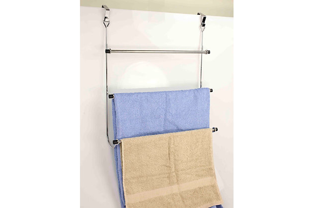 Store and organize your bathroom towels with ease on this convenient Over-the-Door Chrome Towel Rack. Made from rust resistant, heavy-duty chrome plated steel, never worry about damaging your towels or having to replace this rack! Easy to set up, just mount it over most standard bathroom doors and artfully store your finest bath towels in a snap!Made of chrome-plated steel | Holds up to 3 towels at once | Sleek and chrome finish coordinates perfectly with any décor | Great for any bathroom setting