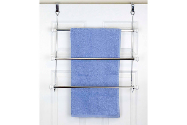 Nothing beats coming out of the long, hot shower to find a soft and fluffy towel waiting for you! But often times they usually wind up in one of two places: in a messy heap sitting on the floor or all crumpled up on the bathroom vanity. But don’t fret- we’ve found the perfect bath solution to wash away your towel storage woes! Simply hang this 3 Tier Over-the-Door Towel Rack on your interior door and you’re all set with all your towels neatly arranged and close at hand.  It conveniently hangs over an interior door, maximizing space in a tiny bathroom while also keeping floors and counters free of clutter. Use it to store wash cloths, bath towels, beach towels, and more. Or use it to line dry delicate garments or other damp clothing as each bar is perfectly spaced to allow for quick drying.Three full length bars provide hanging and drying space for towels and damp laundry | Mounts on the door to maximize space | Easy to assemble with no mounting hardware required | Made of durable, chrome plated steel