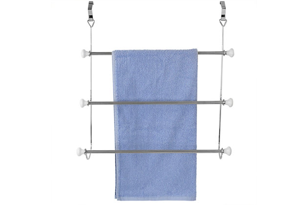 Nothing beats coming out of the long, hot shower to find a soft and fluffy towel waiting for you! But often times they usually wind up in one of two places: in a messy heap sitting on the floor or all crumpled up on the bathroom vanity. But don’t fret- we’ve found the perfect bath solution to wash away your towel storage woes! Simply hang this 3 Tier Over-the-Door Towel Rack on your interior door and you’re all set with all your towels neatly arranged and close at hand.  It conveniently hangs over an interior door, maximizing space in a tiny bathroom while also keeping floors and counters free of clutter. Use it to store wash cloths, bath towels, beach towels, and more. Or use it to line dry delicate garments or other damp clothing as each bar is perfectly spaced to allow for quick drying.Three full length bars provide hanging and drying space for towels and damp laundry | Mounts on the door to maximize space | Easy to assemble with no mounting hardware required | Made of durable, chrome plated steel