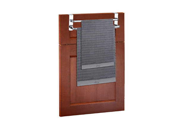 Conveniently store your towels on this Over-the-Cabinet Chrome Towel Rail, made from premium quality chrome plated steel. No tools or installation required, simply hang on most standard size cabinet doors to provide easy access to your towels. With a finish that makes it suitable for a variety of decor, use it in the bathroom, kitchen or powder room to provide discreet storage wherever you may need.Made of chrome-plated steel | Provides easy access to towels | No tools required to install