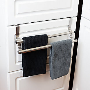 Great if you’re short on storage space, this functional and versatile Over-the-Cabinet Door 2 Tier Steel Towel Storage Rack hangs over the outside of your cabinet doors for convenient, stylish storage. Measuring approximately 10 inches long by 4.7 inches wide, this durable towel rack can be adjusted to size of the towel without interfering with the hardware of your cabinet doors while also allowing cabinets to close flush. When fully extended the towel bar measures 15.75 inches, making it great for lining up small garments to hang dry or for storing a large beach towel.Attaches to outside cabinet door keeping towels close at hand and off the counters and vanities | Expandable to fit your storage space needs | Made of premium quality steel | 0