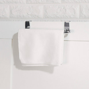 Free-standing towel holders take up too much room. Wall-mounted towel bars can leave unsightly holes in the walls. When you're short on countertop and table space, and don't want to drill into your walls, simply attach this Chrome Plated Steel 9" Over-the-Cabinet Towel Bar over your interior cabinet door to keep your kitchen or bath towel handy. The stainless steel finish offers both style and durability while coordinating seamlessly with a variety of kitchen and bath decor. Because of it's sleek profile, this Over-the-Door towel holder fits perfectly in rooms around the house with limited space. Great for storing kitchen towels or small linen.Made of chrome-plated steel | Attaches to an interior cabinet door to create instant, discreet storage space for bath and kitchen towels, wash cloths, | No installation required | Contemporary chrome finish to complement any type of decor