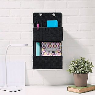 A durable and stylish storage solution, this organizer is supported with a durable epoxy coated frame to keep its shape and includes an intricate woven fabric for dynamic texture. Equipped with two ¾ inch steel grommets, it easily hangs on the wall to conserve space. Use it in the office to make sense out of those mounds of paperwork and keep offices supplies in their proper place. Store it in the living room to keep track of your DVD collection. Or keep one in the bedroom to corral odds and ends.Made of non-woven fabric and steel | Black | 2 tiers | 2 baskets | Woven baskets provide ample storage space for mail, office supplies, shoes, magazines and other odds and ends | Hanging hardware not included