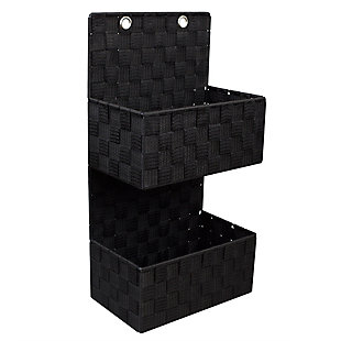 A durable and stylish storage solution, this organizer is supported with a durable epoxy coated frame to keep its shape and includes an intricate woven fabric for dynamic texture. Equipped with two ¾ inch steel grommets, it easily hangs on the wall to conserve space. Use it in the office to make sense out of those mounds of paperwork and keep offices supplies in their proper place. Store it in the living room to keep track of your DVD collection. Or keep one in the bedroom to corral odds and ends.Made of non-woven fabric and steel | Black | 2 tiers | 2 baskets | Woven baskets provide ample storage space for mail, office supplies, shoes, magazines and other odds and ends | Hanging hardware not included