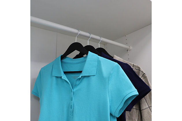 Enjoy a clutter-free closet while maximizing space with this set of three non-slip plastic hangers. Made of highly durable rubberized plastic in a smooth finish, that will keep even the most delicate fabrics in good condition. Indents along the shoulders keep strappy clothes and accessories in place, while the rubberized coating prevents clothes from falling to the floor.Made of plastic | Black | Textured non-slip bar ensures clothes stay in place | Built in indents for hanging accessories and strappy garments | Slim design maximizes your closet space
