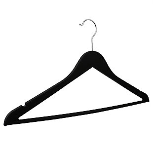 Enjoy a clutter-free closet while maximizing space with this set of three non-slip plastic hangers. Made of highly durable rubberized plastic in a smooth finish, that will keep even the most delicate fabrics in good condition. Indents along the shoulders keep strappy clothes and accessories in place, while the rubberized coating prevents clothes from falling to the floor.Made of plastic | Black | Textured non-slip bar ensures clothes stay in place | Built in indents for hanging accessories and strappy garments | Slim design maximizes your closet space