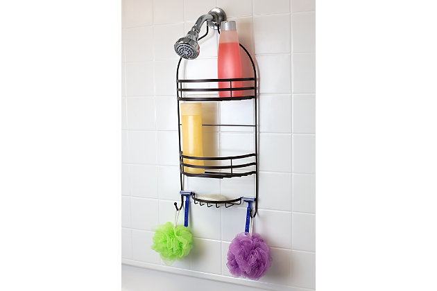 Perfect if you’re looking to keep your bath basics within arm’s reach, this chic shower cabby features two tiers and a center soap dish tray. The rust-proof neck stays securely on your pipes so you never have to worry about all your shower essentials falling over. For easy upkeep, the baskets are self-draining, so you can rinse away any spills or stains. Great for any bathroom decor.Made of metal | Brown | 2 shelves | 1 soap tray | Hangs over most shower heads to maximize space | Open-wire design allows water to quickly and freely pass through