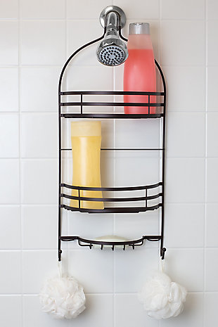 Perfect if you’re looking to keep your bath basics within arm’s reach, this chic shower cabby features two tiers and a center soap dish tray. The rust-proof neck stays securely on your pipes so you never have to worry about all your shower essentials falling over. For easy upkeep, the baskets are self-draining, so you can rinse away any spills or stains. Great for any bathroom decor.Made of metal | Brown | 2 shelves | 1 soap tray | Hangs over most shower heads to maximize space | Open-wire design allows water to quickly and freely pass through