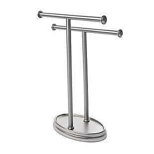 Palm Double Towel Tree keeps towels clean and orderly, and your countertop organized. The elegant towel stand is designed using strong metal, and a sleek nickel-finish. Its compact dimensions of 4.25 x 10.5 x 3.75 inch (11 x 26.5 x 9.5 cm) allow it to be easily stored on any surface. Fulfilling its intended purpose of holding 2 hand towels, Palm's base can also be used as a tray for miscellaneous items.DURABLE MATERIAL: Palm is constructed using sturdy metal and is a secure place to store your towels and make them more accessible | SLEEK DESIGN: With its smooth, polished two-tier nickel-plating and delicate form, Palm can look elegant in any bathroom | FREE-STANDING: Palm is easy to relocate when desired, requiring no drilling or hardware to mount; simply place on a surface | ADDITIONAL STORAGE: The towel tree not only has space to comfortably hang two towels, but also has a handy base that can act as a tray to hold smaller items | 5-YEAR MANUFACTURER WARRANTY: Shop with confidence knowing that all Umbra products are backed by a 5 Year Manufacturer Warranty