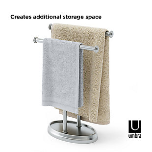 Palm Double Towel Tree keeps towels clean and orderly, and your countertop organized. The elegant towel stand is designed using strong metal, and a sleek nickel-finish. Its compact dimensions of 4.25 x 10.5 x 3.75 inch (11 x 26.5 x 9.5 cm) allow it to be easily stored on any surface. Fulfilling its intended purpose of holding 2 hand towels, Palm's base can also be used as a tray for miscellaneous items.DURABLE MATERIAL: Palm is constructed using sturdy metal and is a secure place to store your towels and make them more accessible | SLEEK DESIGN: With its smooth, polished two-tier nickel-plating and delicate form, Palm can look elegant in any bathroom | FREE-STANDING: Palm is easy to relocate when desired, requiring no drilling or hardware to mount; simply place on a surface | ADDITIONAL STORAGE: The towel tree not only has space to comfortably hang two towels, but also has a handy base that can act as a tray to hold smaller items | 5-YEAR MANUFACTURER WARRANTY: Shop with confidence knowing that all Umbra products are backed by a 5 Year Manufacturer Warranty