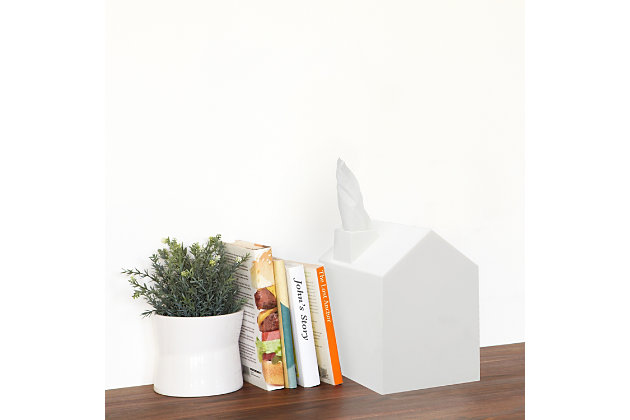 CASA’s playful design makes your standard square tissue box a lot less boring. Introducing CASA by Umbra. Our tissue box holder is shaped like a house with a tiny chimney stack that dispenses your tissue, making it look like a little cloud of smoke. Perfect for disguising standard boutique (cube-shaped) tissue boxes and adding a decorative touch to your bathroom, bedroom, or any other room in your home or office. CASA comes in various colors, measures 5 x 6 ¾ x 5 inches (13 x 17 x 13 cm) and is made from durable, easy-to-clean polypropylene.CLEVER & CUTE DESIGN: Casa helps disguise the ho-hum look of an ordinary square tissue box, with your tissue dispensing through the “chimney” of this miniature house-shaped cover, mimicking a puff of smoke | ADORABLE SQUARE TISSUE BOX COVER: Casa measures 5 x 6 ¾ x 5 inches (13 x 17 x 13 cm) and is designed to cover a standard boutique (cube-shaped) tissue box | ADD A DECORATIVE TOUCH TO ANY ROOM: This imaginative take on the Kleenex box cover is sure to add a decorative touch to your bathroom, bedroom, or any other room in your home or office | EASY TO USE: For easy tissue retrieval, cut out the plastic from tissue box opening and feed the first tissue up the chimney before putting on the Casa cover; Casa is also simple to clean, just wipe down with a damp cloth | 5-YEAR MANUFACTURER WARRANTY: Shop with confidence knowing that all Umbra products are backed by a 5-Year Manufacturer Warranty