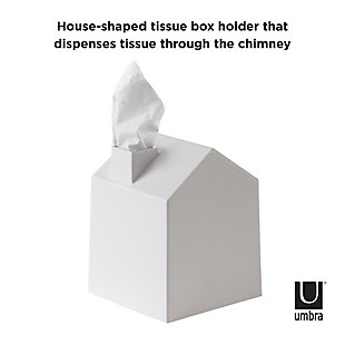 CASA’s playful design makes your standard square tissue box a lot less boring. Introducing CASA by Umbra. Our tissue box holder is shaped like a house with a tiny chimney stack that dispenses your tissue, making it look like a little cloud of smoke. Perfect for disguising standard boutique (cube-shaped) tissue boxes and adding a decorative touch to your bathroom, bedroom, or any other room in your home or office. CASA comes in various colors, measures 5 x 6 ¾ x 5 inches (13 x 17 x 13 cm) and is made from durable, easy-to-clean polypropylene.CLEVER & CUTE DESIGN: Casa helps disguise the ho-hum look of an ordinary square tissue box, with your tissue dispensing through the “chimney” of this miniature house-shaped cover, mimicking a puff of smoke | ADORABLE SQUARE TISSUE BOX COVER: Casa measures 5 x 6 ¾ x 5 inches (13 x 17 x 13 cm) and is designed to cover a standard boutique (cube-shaped) tissue box | ADD A DECORATIVE TOUCH TO ANY ROOM: This imaginative take on the Kleenex box cover is sure to add a decorative touch to your bathroom, bedroom, or any other room in your home or office | EASY TO USE: For easy tissue retrieval, cut out the plastic from tissue box opening and feed the first tissue up the chimney before putting on the Casa cover; Casa is also simple to clean, just wipe down with a damp cloth | 5-YEAR MANUFACTURER WARRANTY: Shop with confidence knowing that all Umbra products are backed by a 5-Year Manufacturer Warranty