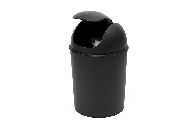 Keep your garbage discreet with this attractive trash can from Umbra. Introducing MINI Can by Umbra. MINI Can is a small and stylish trash can by Umbra that is made to fit into small spaces and underneath cabinets. Shaped like a classic garbage can with its domed, swing-top lid but petite in size, MINI Can  measures 7½ dia. x 12 ½ inches (19 dia. x 32 cm) and has a 1 ¼ gallons (5 L) capacity. Available in your choice of black or white onyx. Made from durable recycled polypropylene, this trash can is easy to care for; simply wipe it down with a damp cloth or paper towel when you need to clean it. For an adorable garbage can that will look just as good left out as it will tucked under a cabinet, order the MINI Can today. About Umbra: A global product design company providing original, modern, casual, and functional design for the home.TRASH CAN FEATURING A SWING TOP LID: The mini can takes the classic shape of garbage can with a domed, swing top lid and shrinks it down in size | MOLDED CAN: This petite molded can is made of recyclable materials and has a domed lid, that is easy to remove and keeps the garbage out of sight and bags in place | COMPACT GARBAGE CAN: Mini Can holds 1 ¼ gallons and measures 7½ dia. x 12 ½ inches, making it great for small spaces and under cabinet use