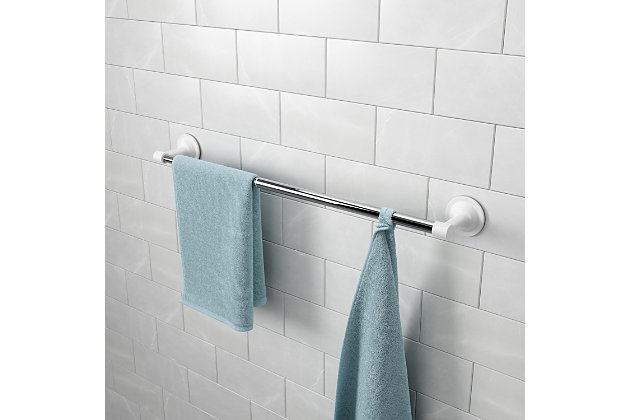 AA modern towel bar for any bathroom, Flex Sure-Lock Towel Bar by Umbra is damage-and tool-free, making installation a breeze. Utilizing sure-lock technology which works on smooth, flat surfaces, including tile, glass, mirrored or melamine, this elegant towel bar creates a vacuum seal grip to your chosen smooth surface for a durable hold that will last. Rust-proof with a shiny chrome finish, Flex towel bar will look great in any bathroom of your choice. It extends from 14 to 24 inches (35.5 x 61 cm) and can hold up to 10 lbs (4.5 kg). Simply install the sure-lock towel bar with a twist and “click-in” motion.MODERN, VERSATILE DESIGN: A modern towel bar that fits with many bathrooms, Flex has a shiny chrome finish with white accents that goes well with appliances and a variety of color palettes | EXTENDABLE: Flex Sure-Lock Towel Bar extends from 14 to 24 inches (35.5 x 61 cm) to best fit your desired space and can hold up to 10 lbs (4.5 kg) | DAMAGE & TOOL FREE INSTALLATION: Flex Sure-Lock Towel Bar utilizes sure-lock technology for a vacuum seal grip and strong hold. Extremely easy to install, sure-lock works on smooth, flat surfaces such as tile, glass, mirrored or melamine, for a non-damaging and tool-free installation | RUST-PROOF & LONG-LASTING: Made of high-quality, durable materials, this damage-free towel bar is both rust-proof and designed to last | 5-YEAR MANUFACTURER WARRANTY: Shop with confidence knowing that all Umbra products are backed by a 5-Year Manufacturer Warranty
