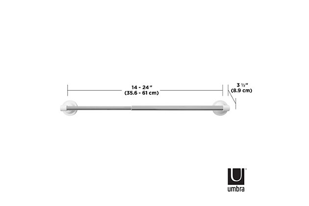 AA modern towel bar for any bathroom, Flex Sure-Lock Towel Bar by Umbra is damage-and tool-free, making installation a breeze. Utilizing sure-lock technology which works on smooth, flat surfaces, including tile, glass, mirrored or melamine, this elegant towel bar creates a vacuum seal grip to your chosen smooth surface for a durable hold that will last. Rust-proof with a shiny chrome finish, Flex towel bar will look great in any bathroom of your choice. It extends from 14 to 24 inches (35.5 x 61 cm) and can hold up to 10 lbs (4.5 kg). Simply install the sure-lock towel bar with a twist and “click-in” motion.MODERN, VERSATILE DESIGN: A modern towel bar that fits with many bathrooms, Flex has a shiny chrome finish with white accents that goes well with appliances and a variety of color palettes | EXTENDABLE: Flex Sure-Lock Towel Bar extends from 14 to 24 inches (35.5 x 61 cm) to best fit your desired space and can hold up to 10 lbs (4.5 kg) | DAMAGE & TOOL FREE INSTALLATION: Flex Sure-Lock Towel Bar utilizes sure-lock technology for a vacuum seal grip and strong hold. Extremely easy to install, sure-lock works on smooth, flat surfaces such as tile, glass, mirrored or melamine, for a non-damaging and tool-free installation | RUST-PROOF & LONG-LASTING: Made of high-quality, durable materials, this damage-free towel bar is both rust-proof and designed to last | 5-YEAR MANUFACTURER WARRANTY: Shop with confidence knowing that all Umbra products are backed by a 5-Year Manufacturer Warranty