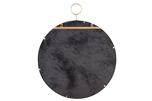 Style comes full circle. This oversized looking glass, surrounded by a golden bronze-tone frame, is versatile enough for any room in any style. The decorative ornament adds singularity to a classic design. Open your entryway to guests and light by placing this decorative mirror above a welcoming console.Made of powdercoated iron tube, 4-mm mirror with 1/2” bevel and engineered wood | Golden bronze-tone finish | Oversized | Ready to hang | No assembly required